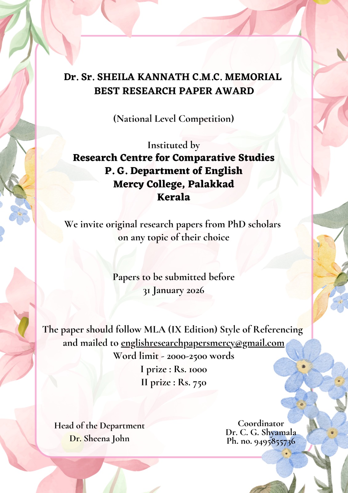 Dr.Sr. Sheila Memorial Best Research Paper Award 2025-26